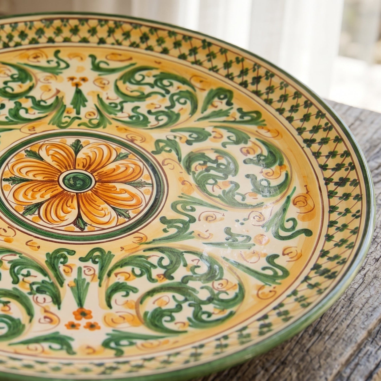 Sicilian Decorative Wall Plate, Green and Orange, Art Edition – Sicilian majolica handcrafted in Caltagirone