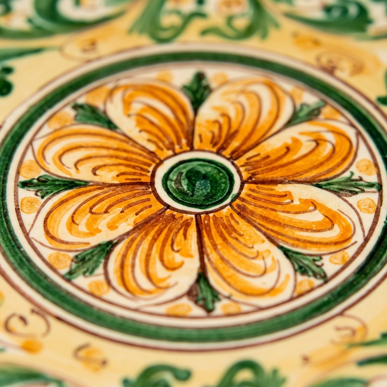 Sicilian Decorative Wall Plate, Green and Orange, Art Edition – Sicilian majolica handcrafted in Caltagirone
