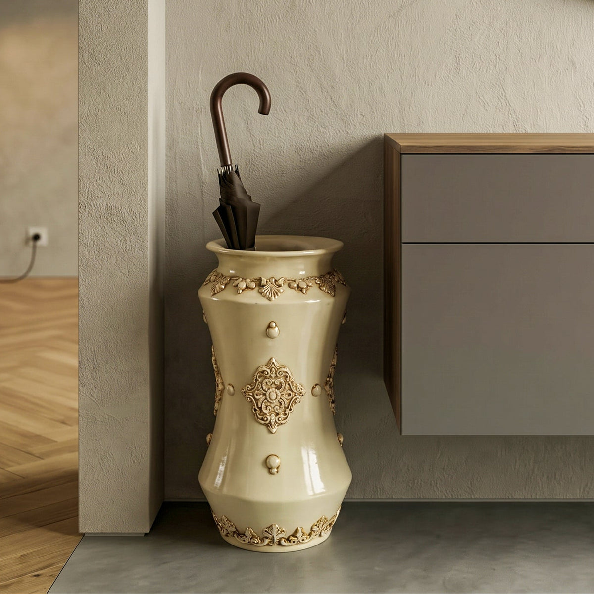Albarello Umbrella Stand H 50 cm / 19¾", Plastico Sofia, Ivory – Caltagirone Ceramic – Sicilian artisan tradition