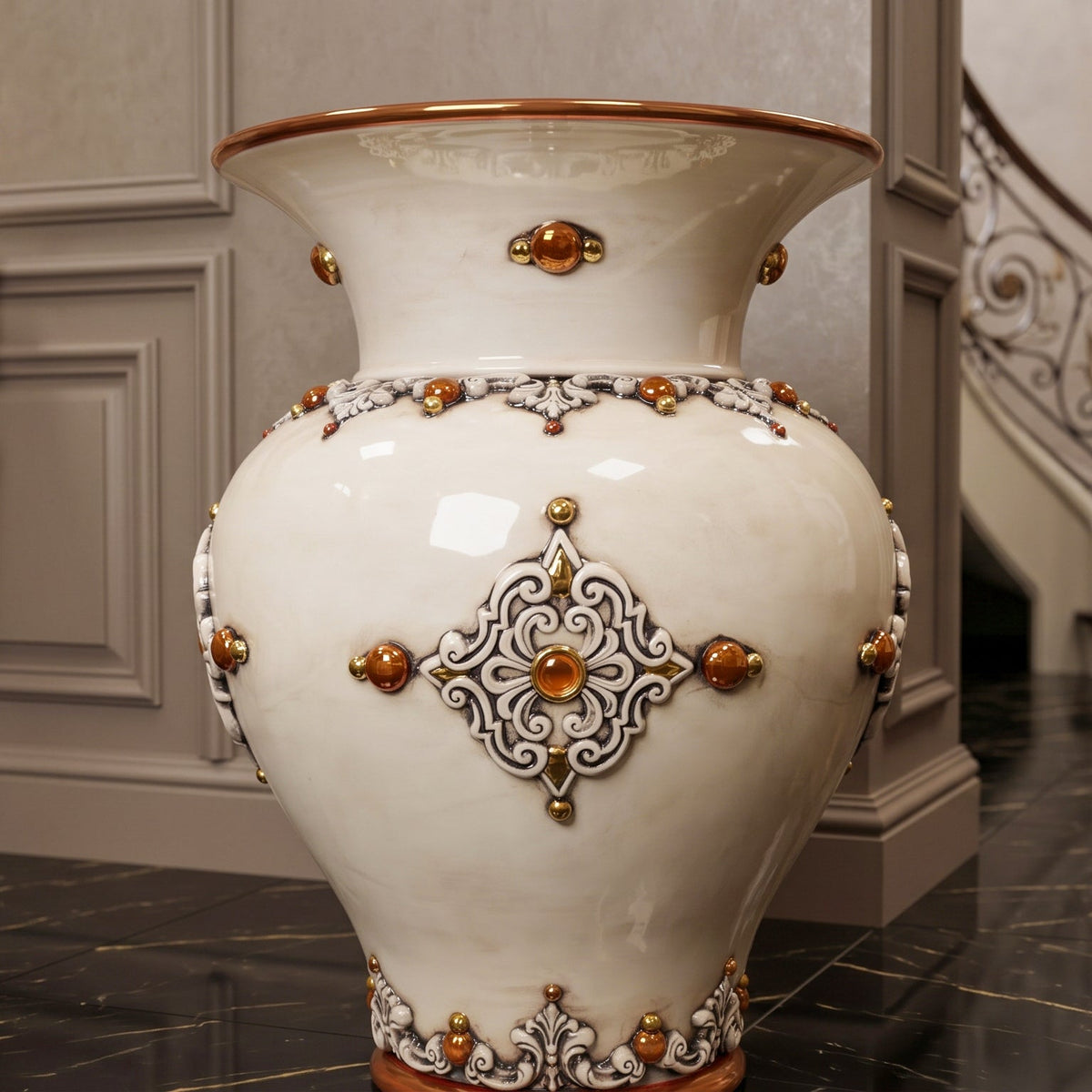Round-Bellied Umbrella Stand H 50 cm / 19¾", Antique Mother of Pearl, Gold and Lustre – Caltagirone Ceramic – Sicilian artisan tradition