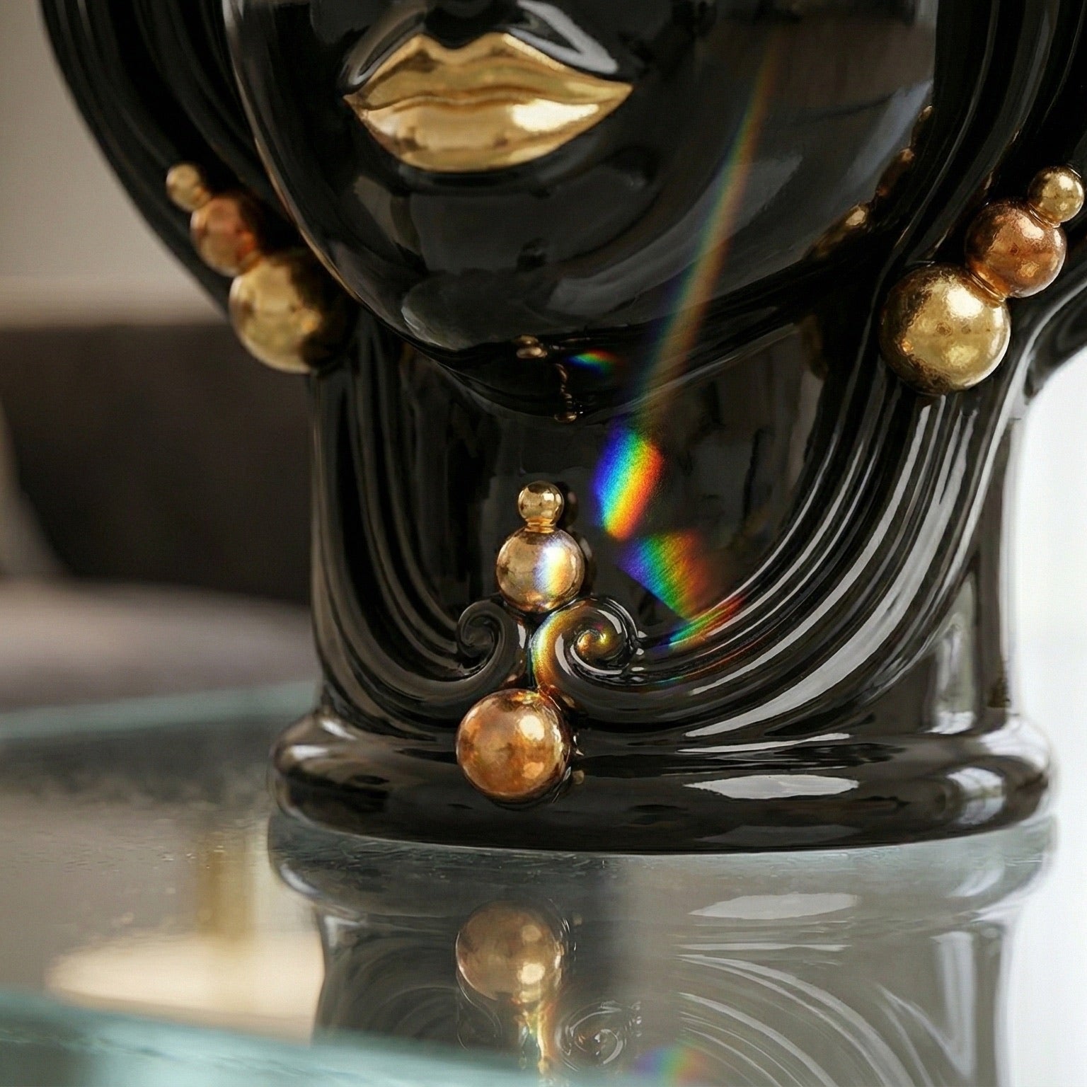 Caltagirone Moor's Head Vase h 30 cm — Female, Black and Gold | Ceramica Caltagirone
