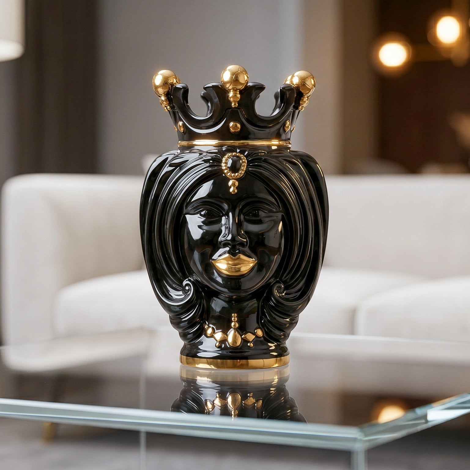 Sicilian Head Vase H 25 cm / 9.8", Woman, Black and Gold – Testa di Moro from Caltagirone, Sicily