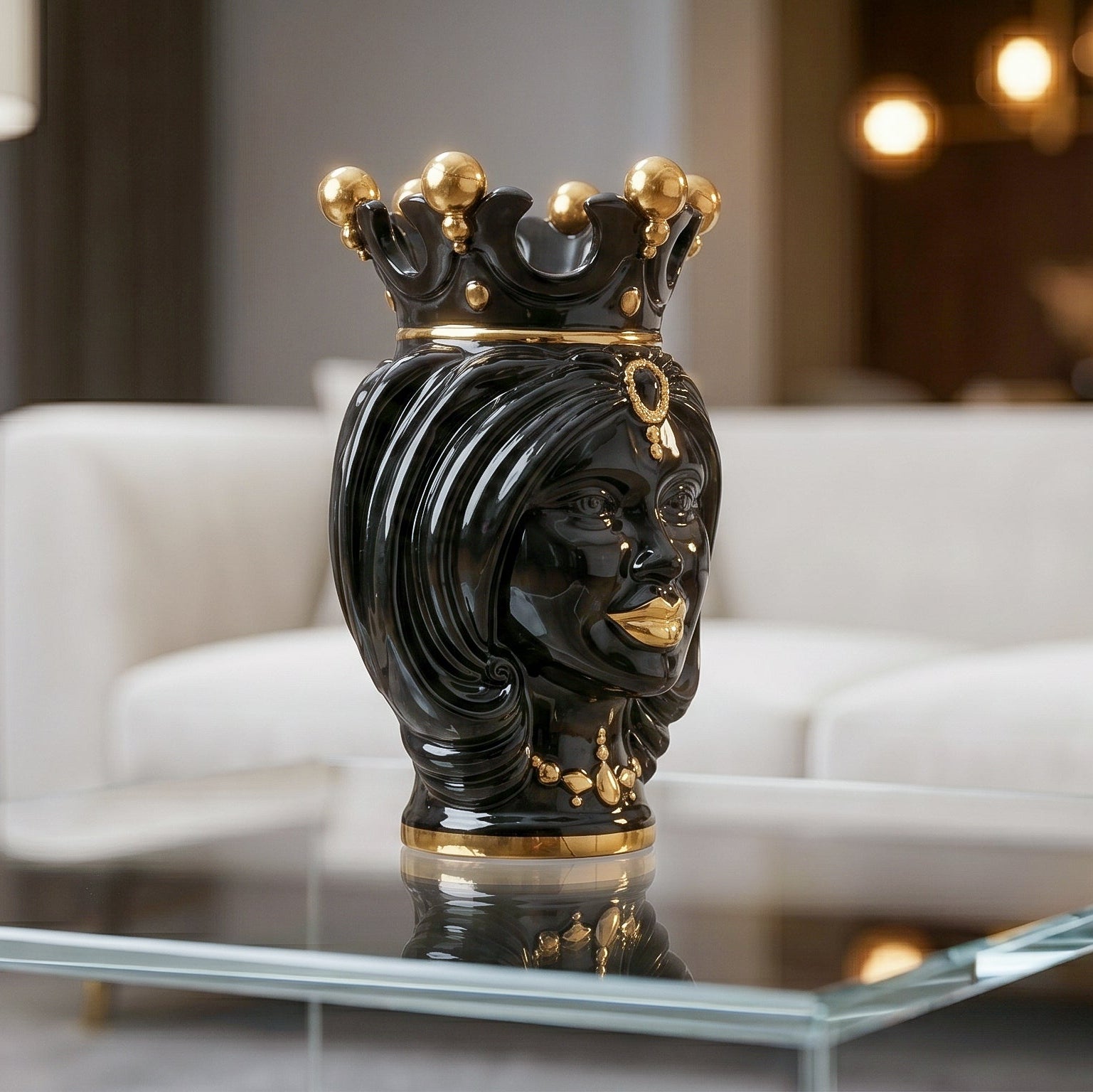 Sicilian Head Vase H 25 cm / 9.8", Woman, Black and Gold – Testa di Moro from Caltagirone, Sicily