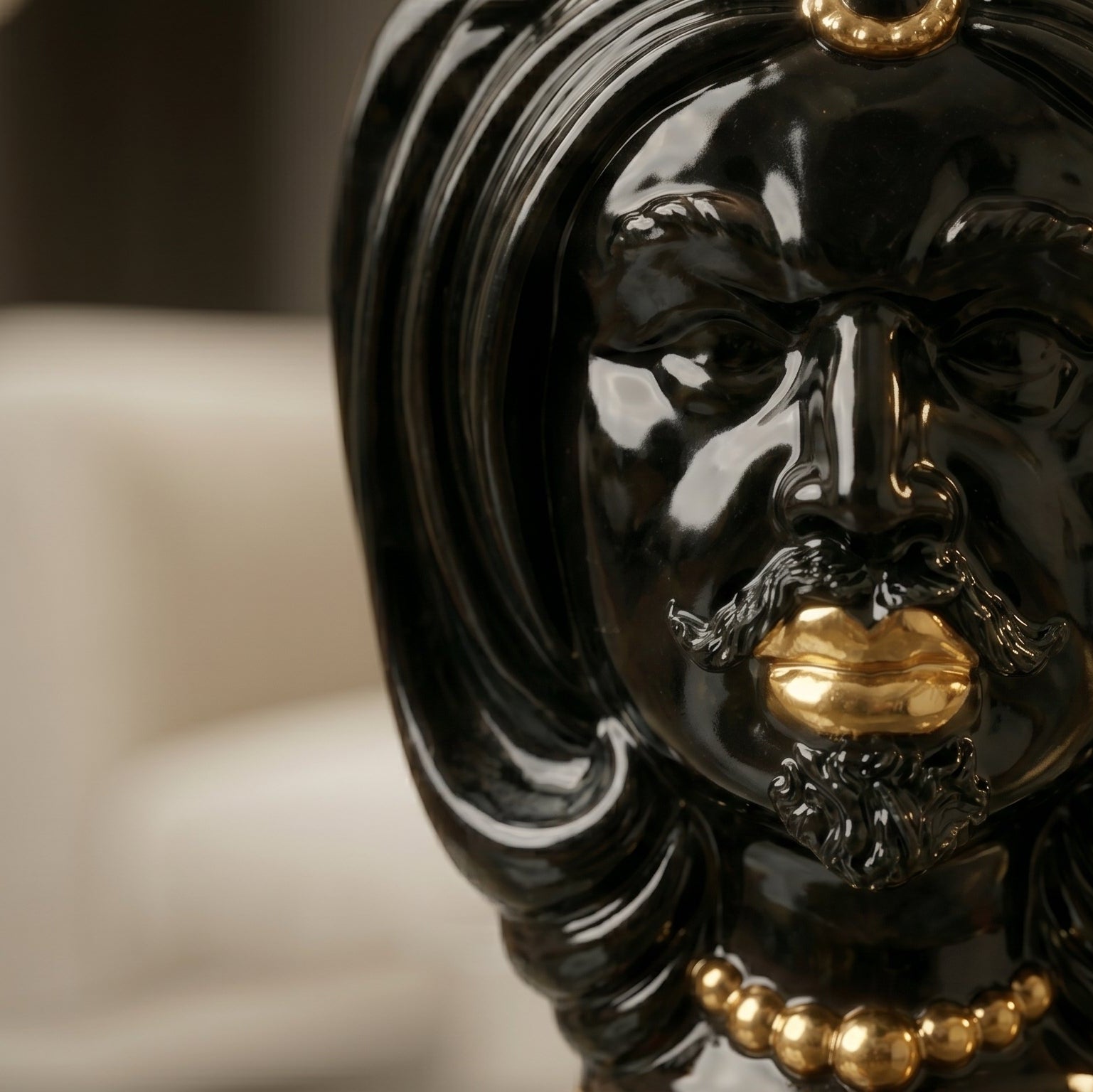 Sicilian Head Vase H 25 cm / 9.8", Woman, Black and Gold – Testa di Moro from Caltagirone, Sicily