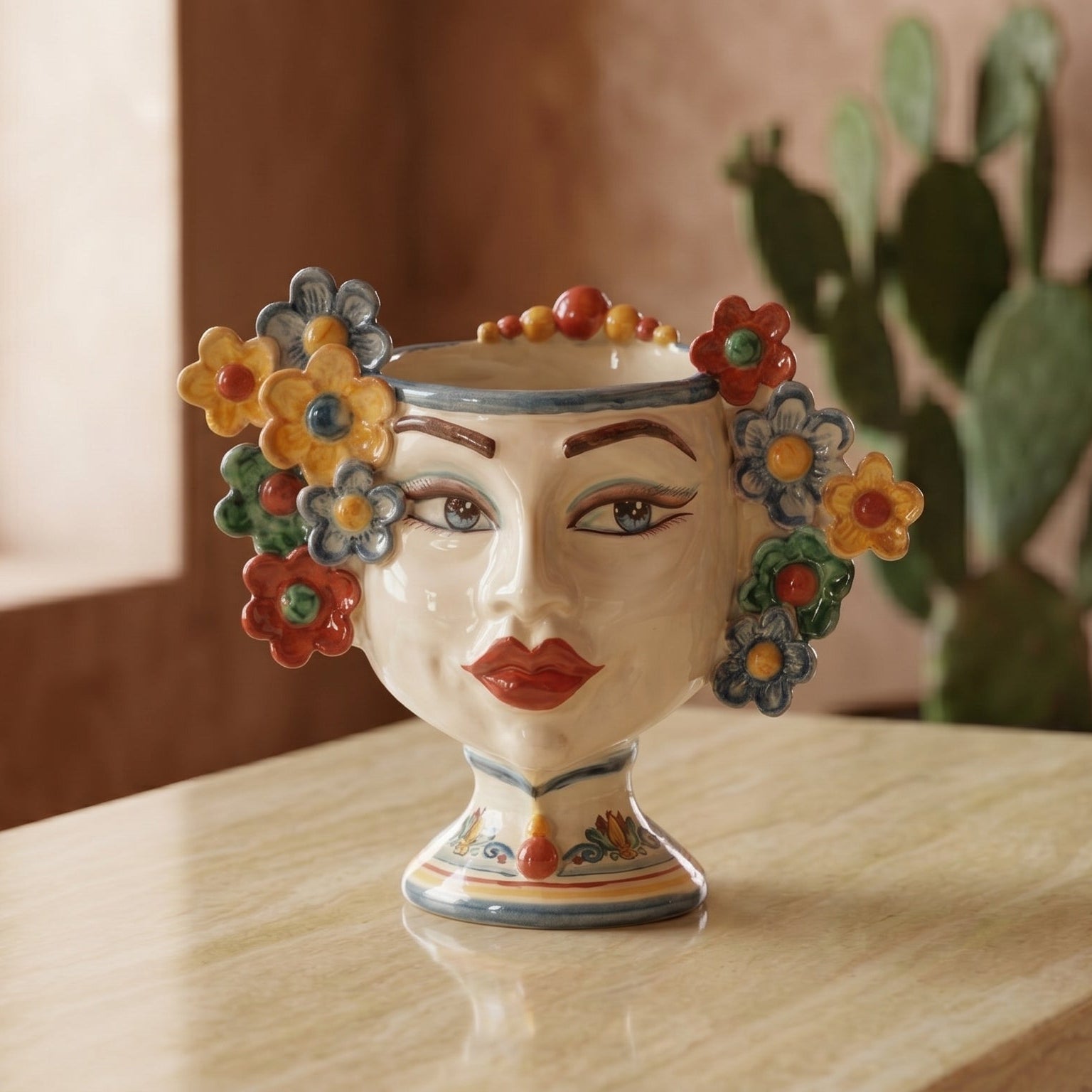 Moor's Head Vase with Flowers H 20 cm / 7.9", Woman, Decoro Sicily – Testa di Moro from Caltagirone, Sicily
