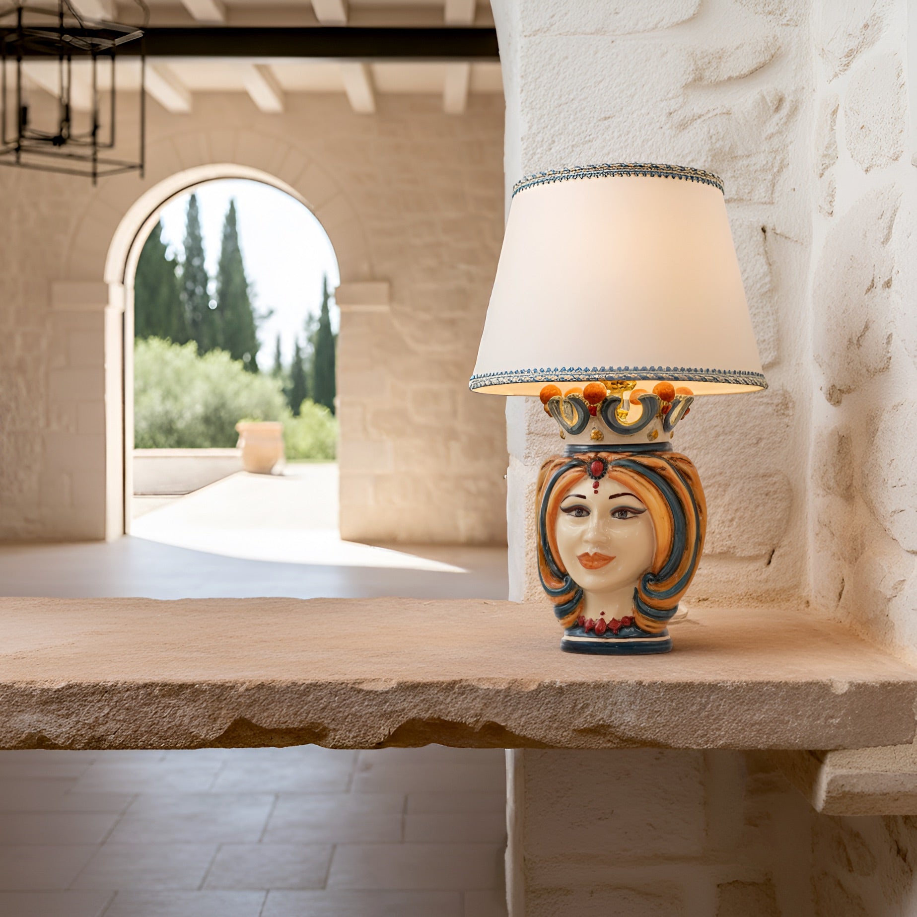 Head h 25 Blue/orange/red turban - Caltagirone Sofia ceramics