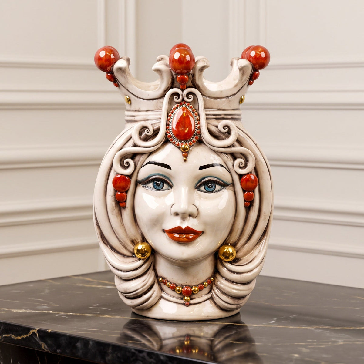 Sicilian Moor's Head H 38 cm / 15", Woman, Antique Mother of Pearl, Gold and Lustres – Testa di Moro from Caltagirone, Sicily