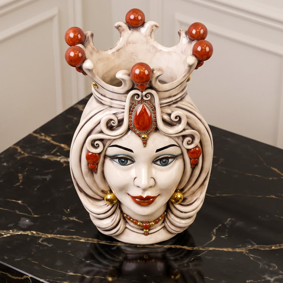 Sicilian Moor's Head H 38 cm / 15", Woman, Antique Mother of Pearl, Gold and Lustres – Testa di Moro from Caltagirone, Sicily