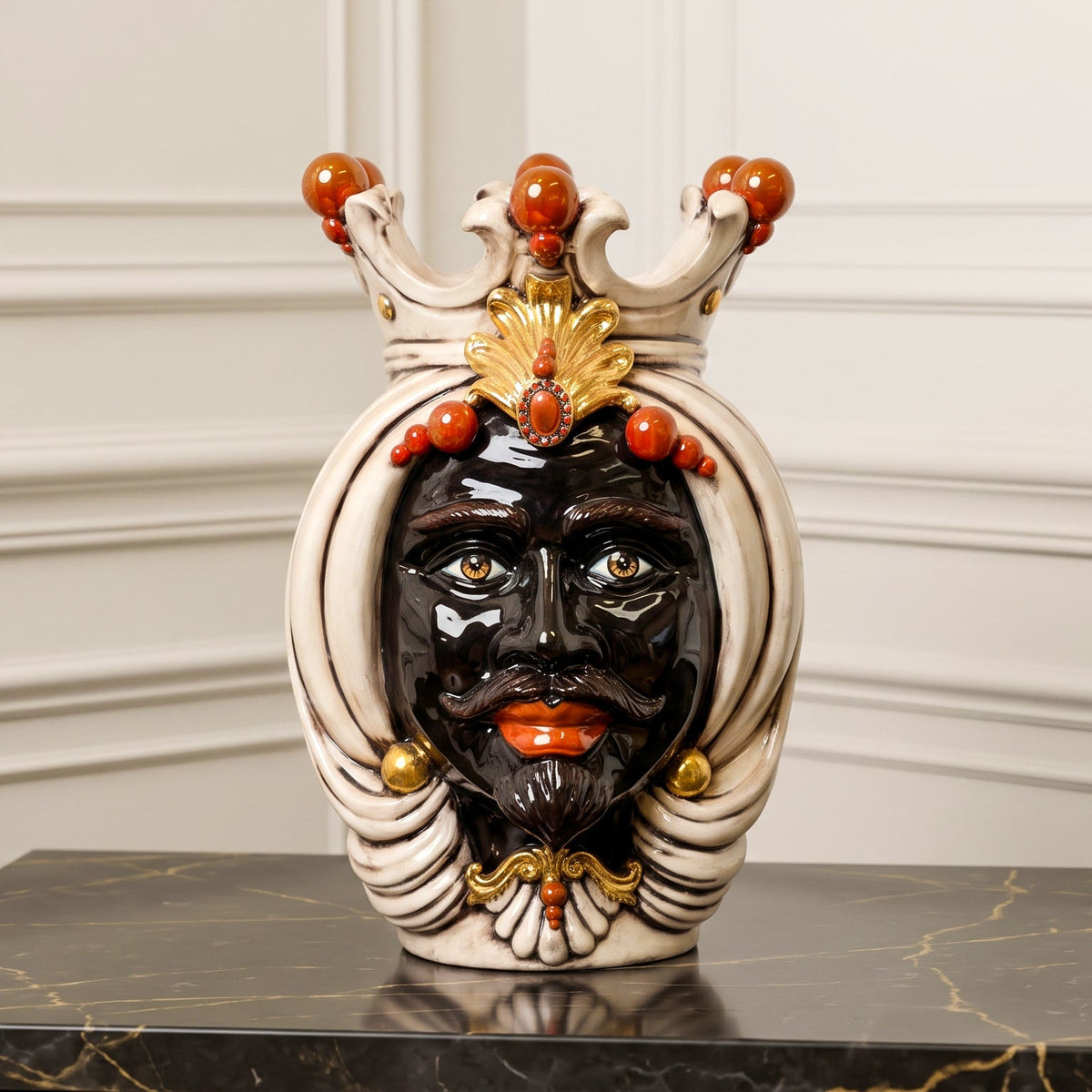 Sicilian Moor's Head H 38 cm / 15", Moro Male, Antique Mother of Pearl, Gold and Lustres – Testa di Moro from Caltagirone, Sicily