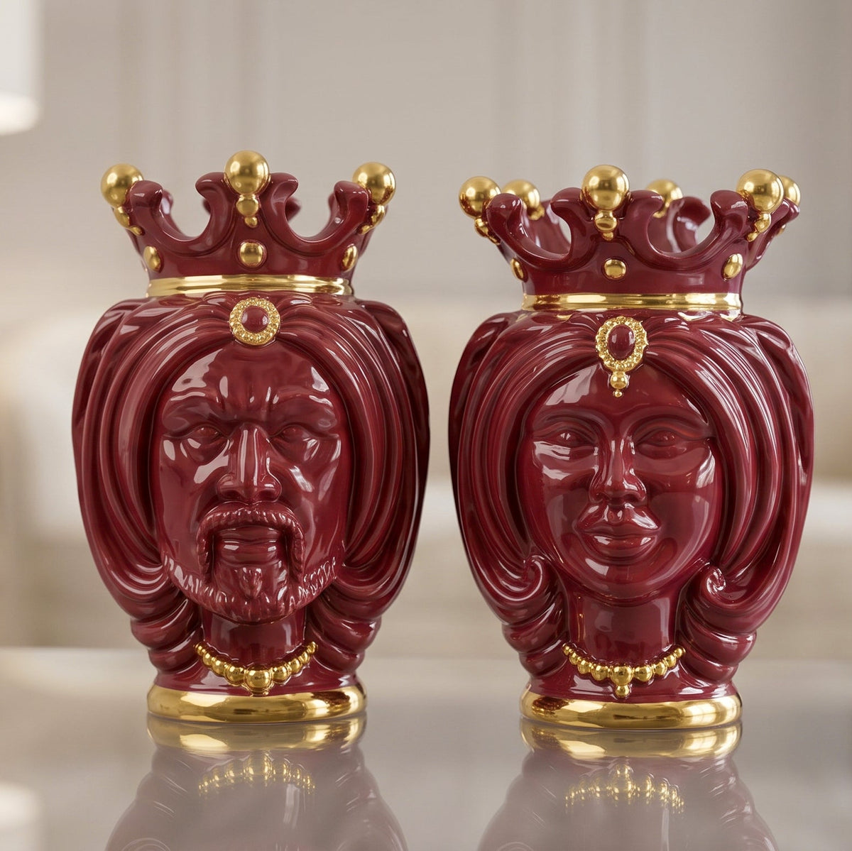 Sicilian Moor's Head H 25 cm / 9¾", Bordeaux and Gold – Testa di Moro from Caltagirone, Sicily