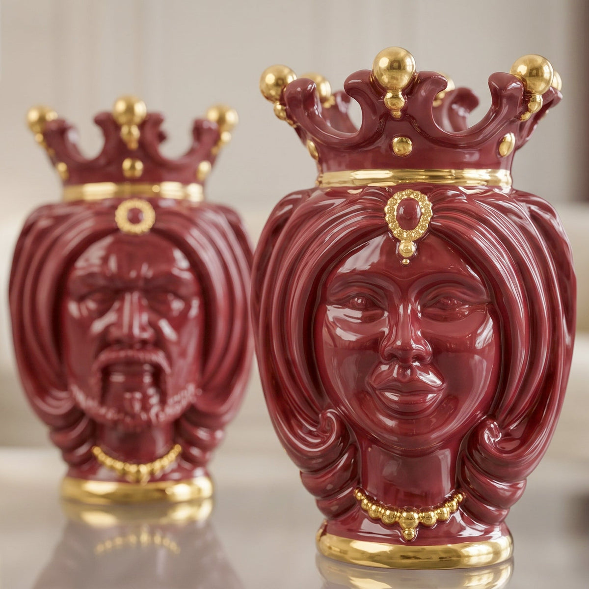 Sicilian Moor's Head H 25 cm / 9¾", Bordeaux and Gold – Testa di Moro from Caltagirone, Sicily
