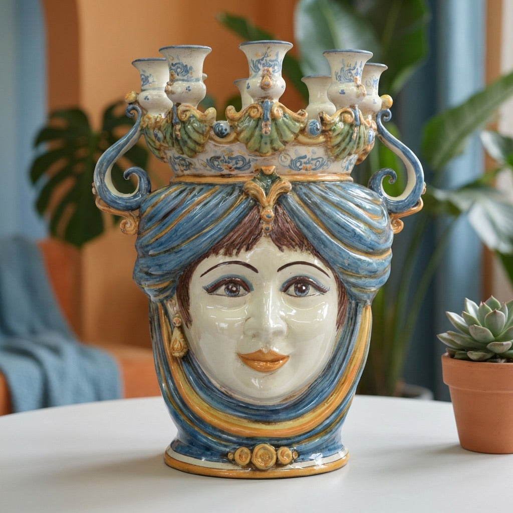 Sicilian Head Vase Candle Holder H 40 cm / 15.7", Woman, Blue and Orange – Testa di Moro from Caltagirone, Sicily
