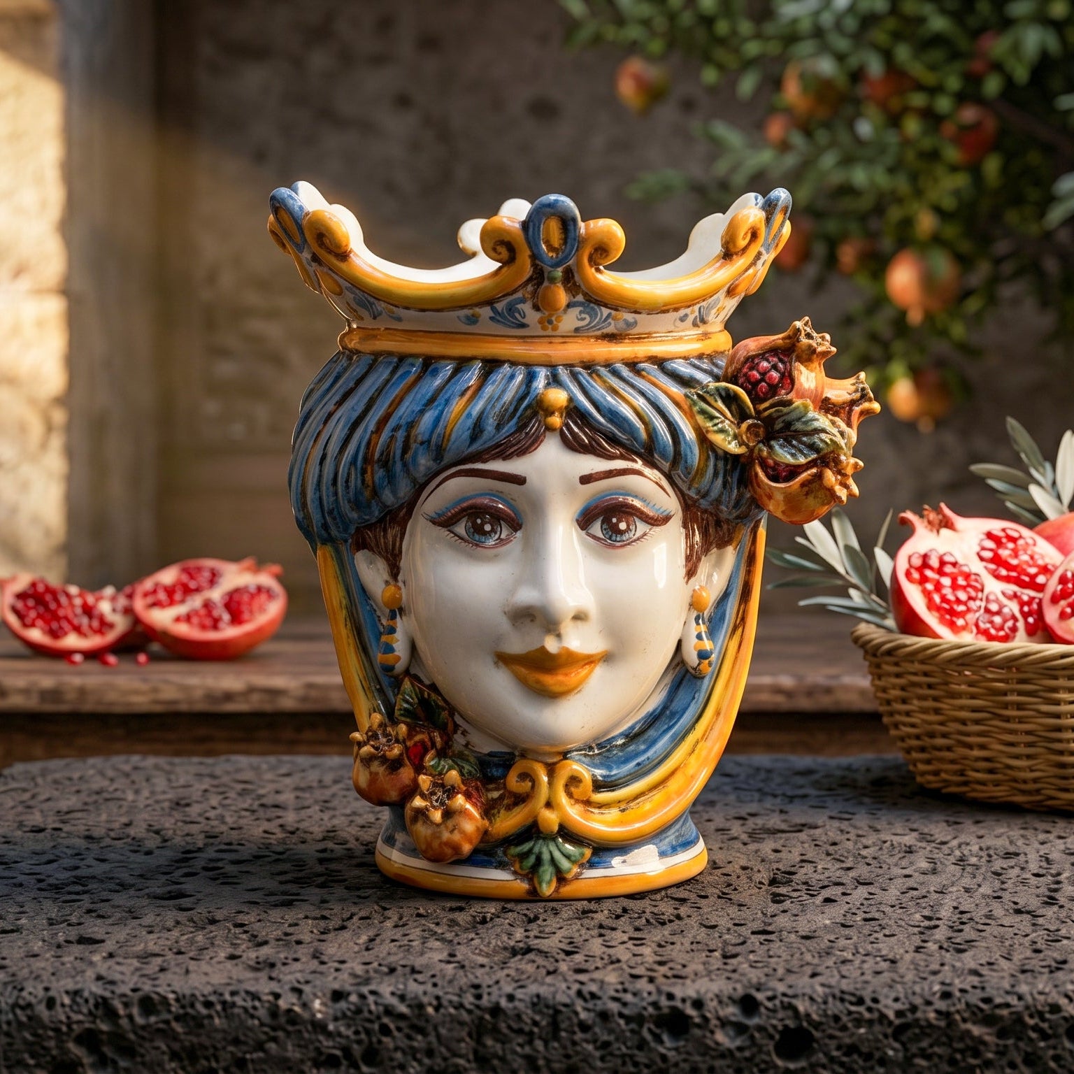 Ceramic Head with pomegranate h 25 blu/orange female