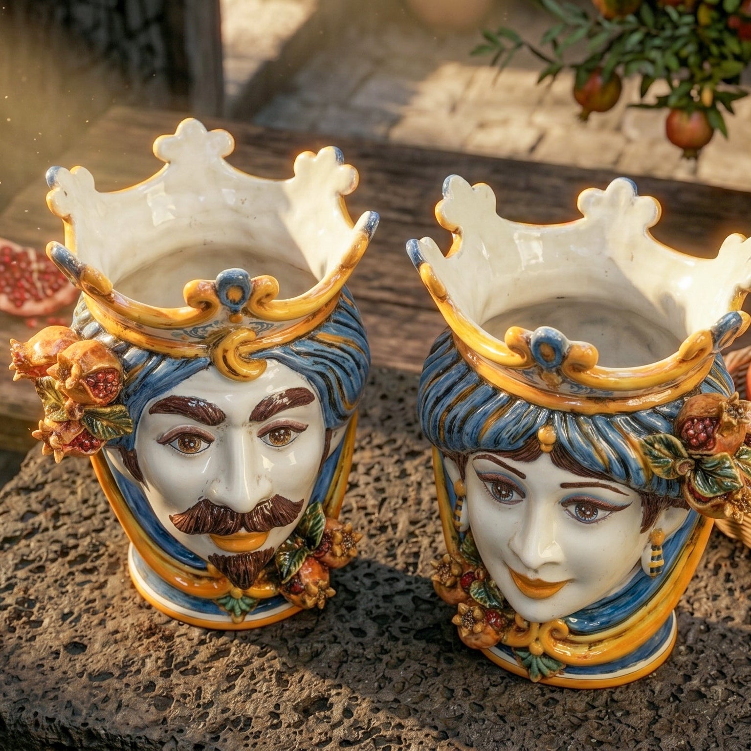 Sicilian Head Vase with Pomegranates H 25 cm / 9.8", White Man, Blue and Orange – Testa di Moro from Caltagirone, Sicily