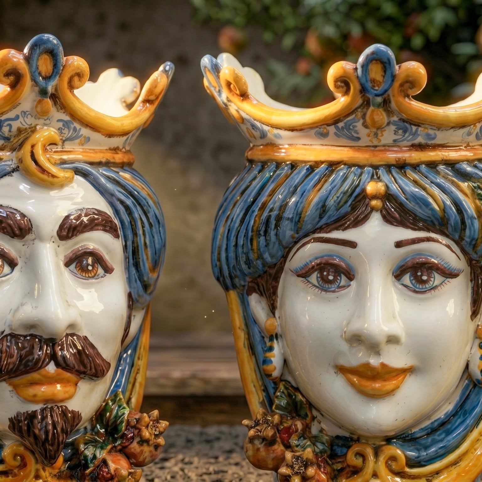 Sicilian Head Vase with Pomegranates H 25 cm / 9.8", Woman, Blue and Orange – Testa di Moro from Caltagirone, Sicily