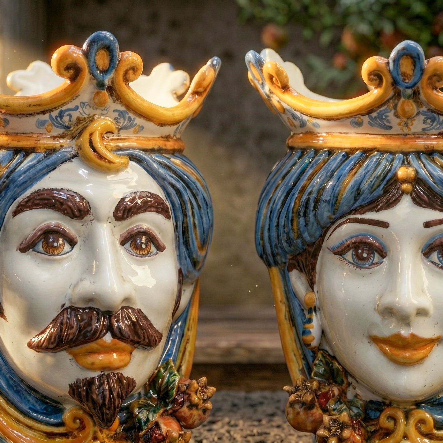 Sicilian Head Vase with Pomegranates H 25 cm / 9.8", White Man, Blue and Orange – Testa di Moro from Caltagirone, Sicily