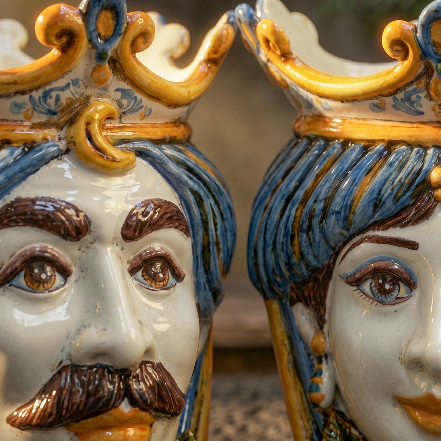 Sicilian Head Vase with Pomegranates H 25 cm / 9.8", White Man, Blue and Orange – Testa di Moro from Caltagirone, Sicily