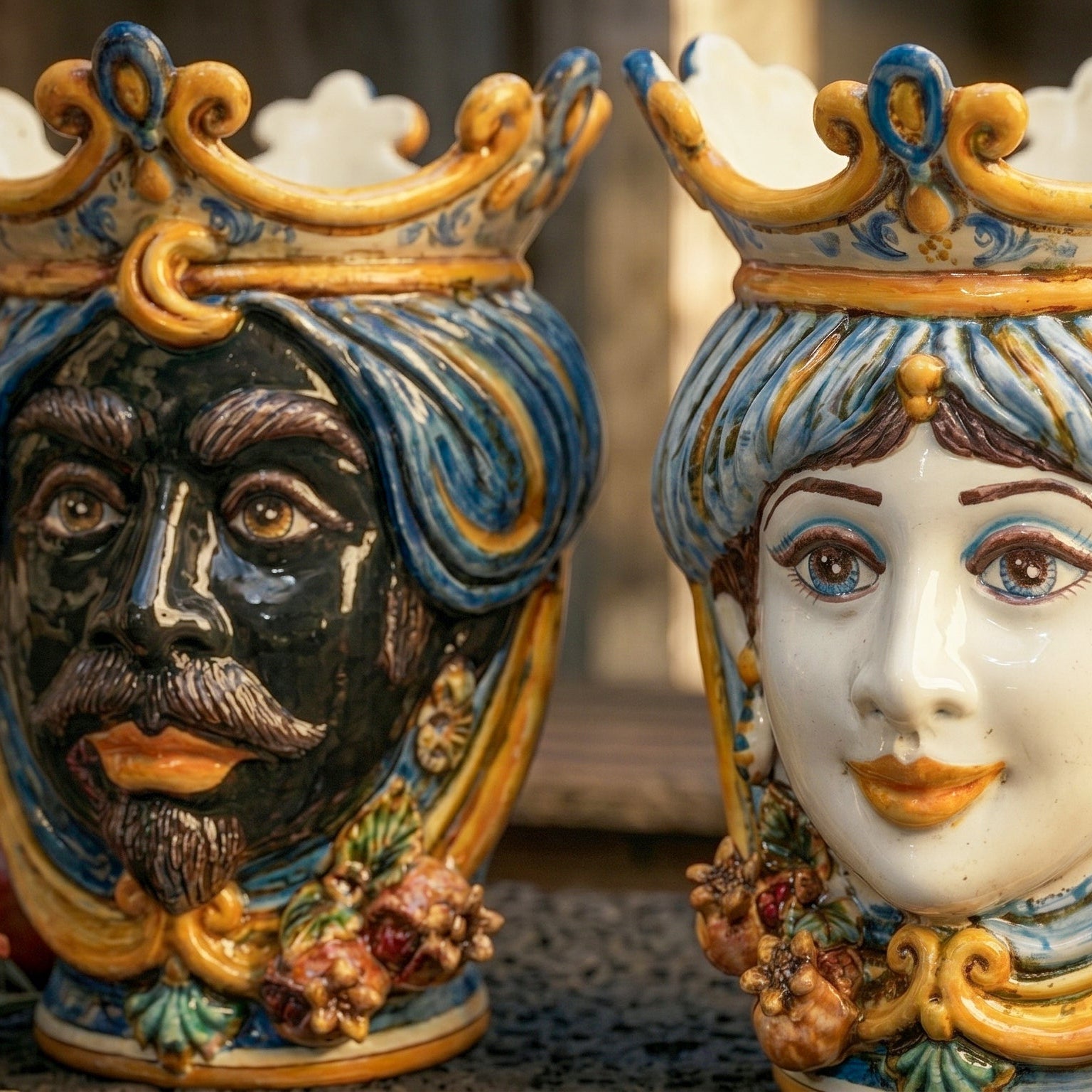 Sicilian Head Vase with Pomegranates H 25 cm / 9.8", Woman, Blue and Orange – Testa di Moro from Caltagirone, Sicily