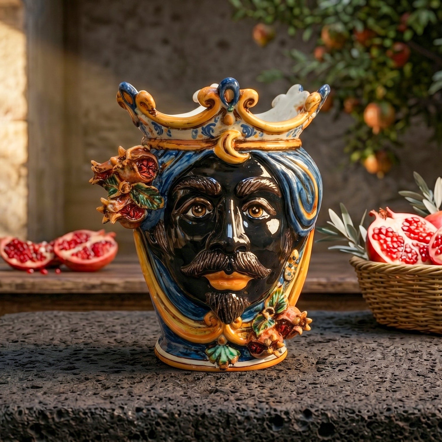 Testa di Moro Vase with Pomegranates H 25 cm / 9.8", Moro Man, Blue and Orange – Testa di Moro from Caltagirone, Sicily