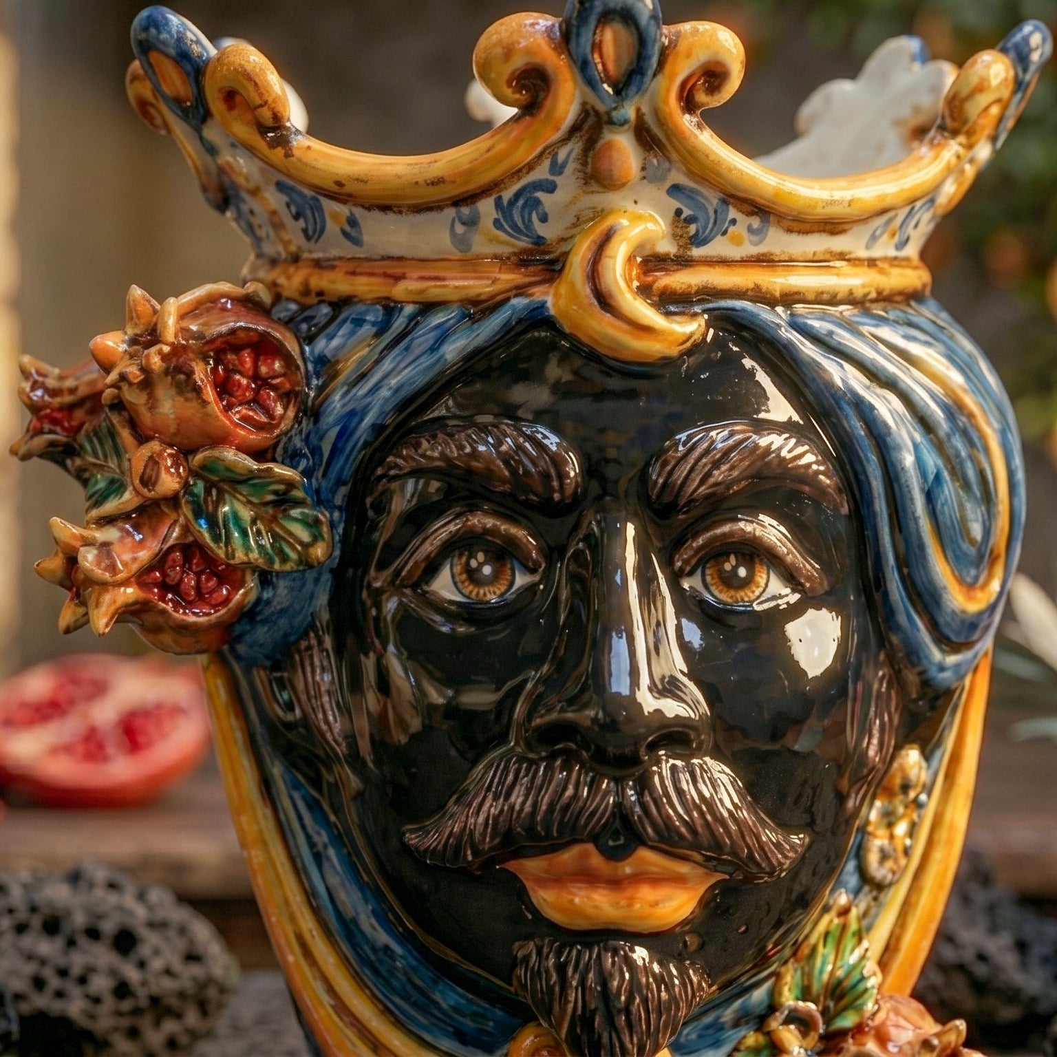 Testa di Moro Vase with Pomegranates H 25 cm / 9.8", Moro Man, Blue and Orange – Testa di Moro from Caltagirone, Sicily