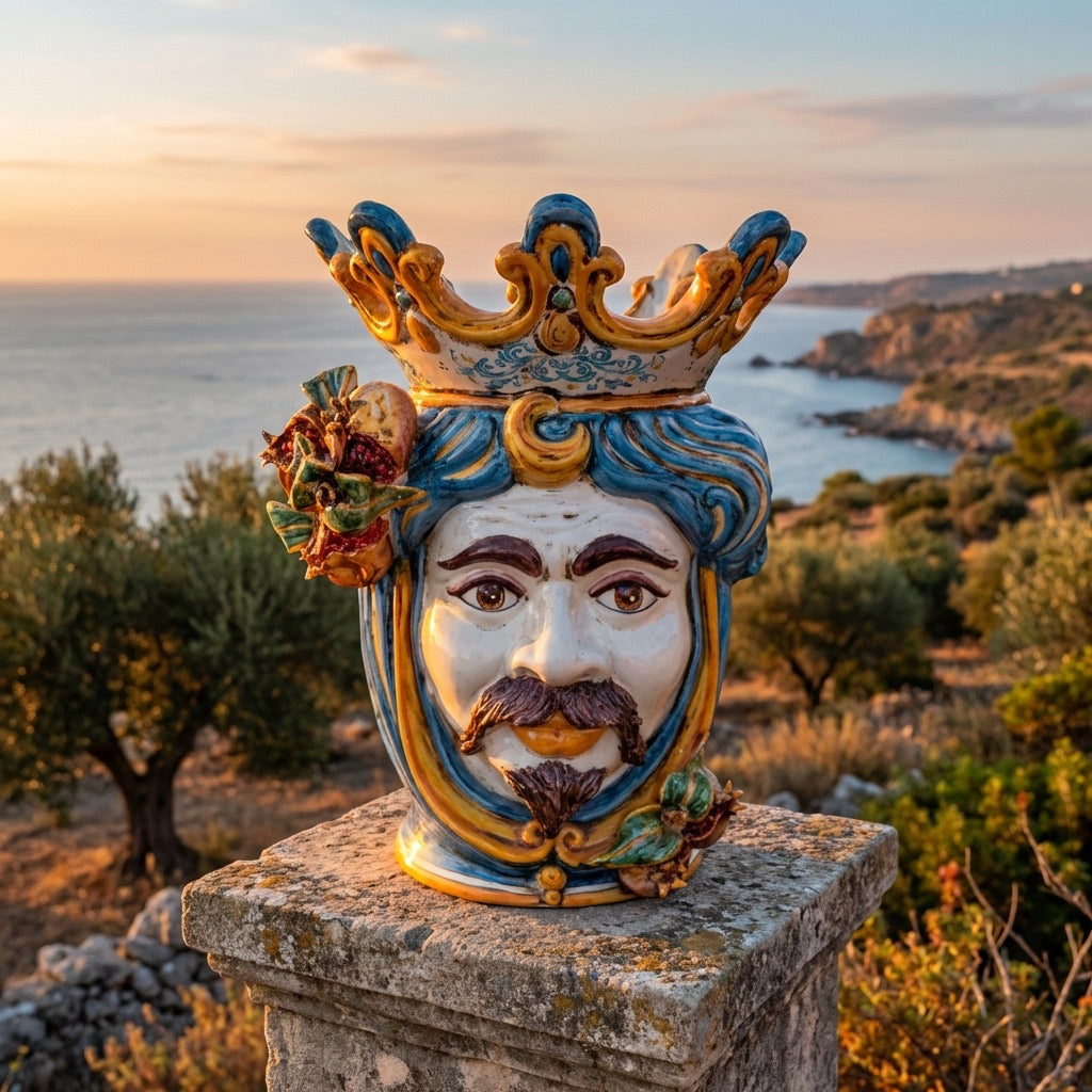 Ceramic Head with pomegranate h 40 blu/orange male