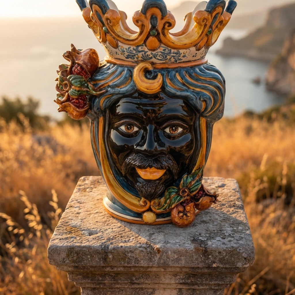 Ceramic Head with pomegranate h 40 blu/orange male