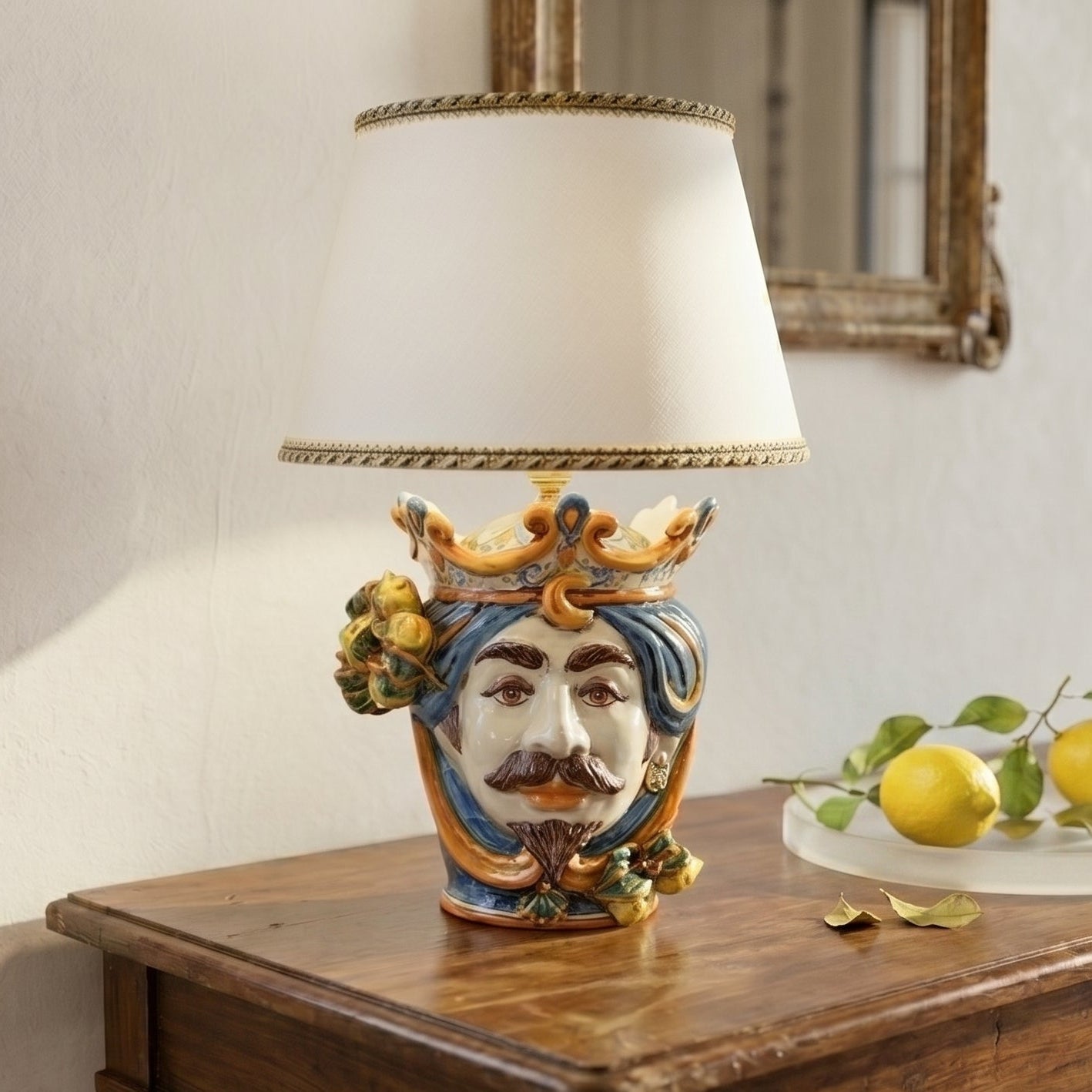 Italian Ceramic Lamp H 55 cm / 21.7", White Man, Blue and Orange – Sicilian ceramic lamp handcrafted in Caltagirone