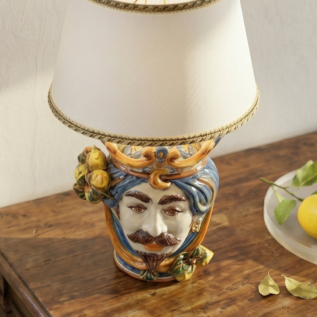 Italian Ceramic Lamp H 55 cm / 21.7", White Man, Blue and Orange – Sicilian ceramic lamp handcrafted in Caltagirone
