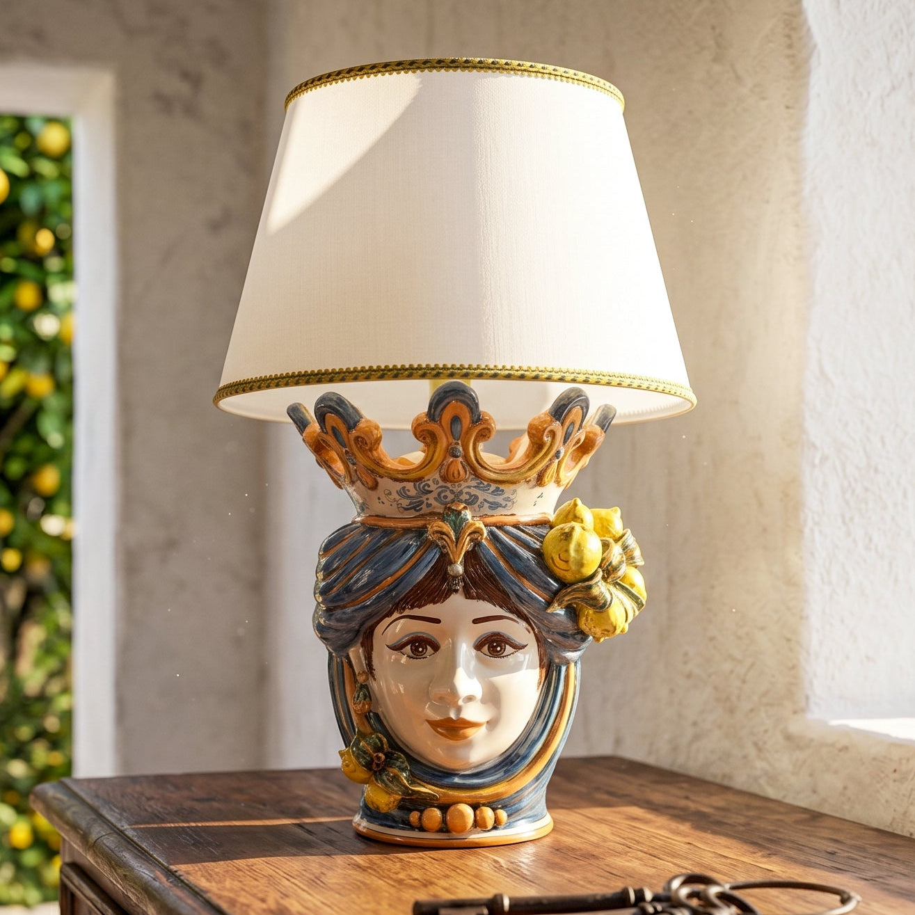 Testa di Moro Table Lamp with Lemons h 40 cm / 15¾" (total h 70 cm / 27½") — Blue and Orange — Female