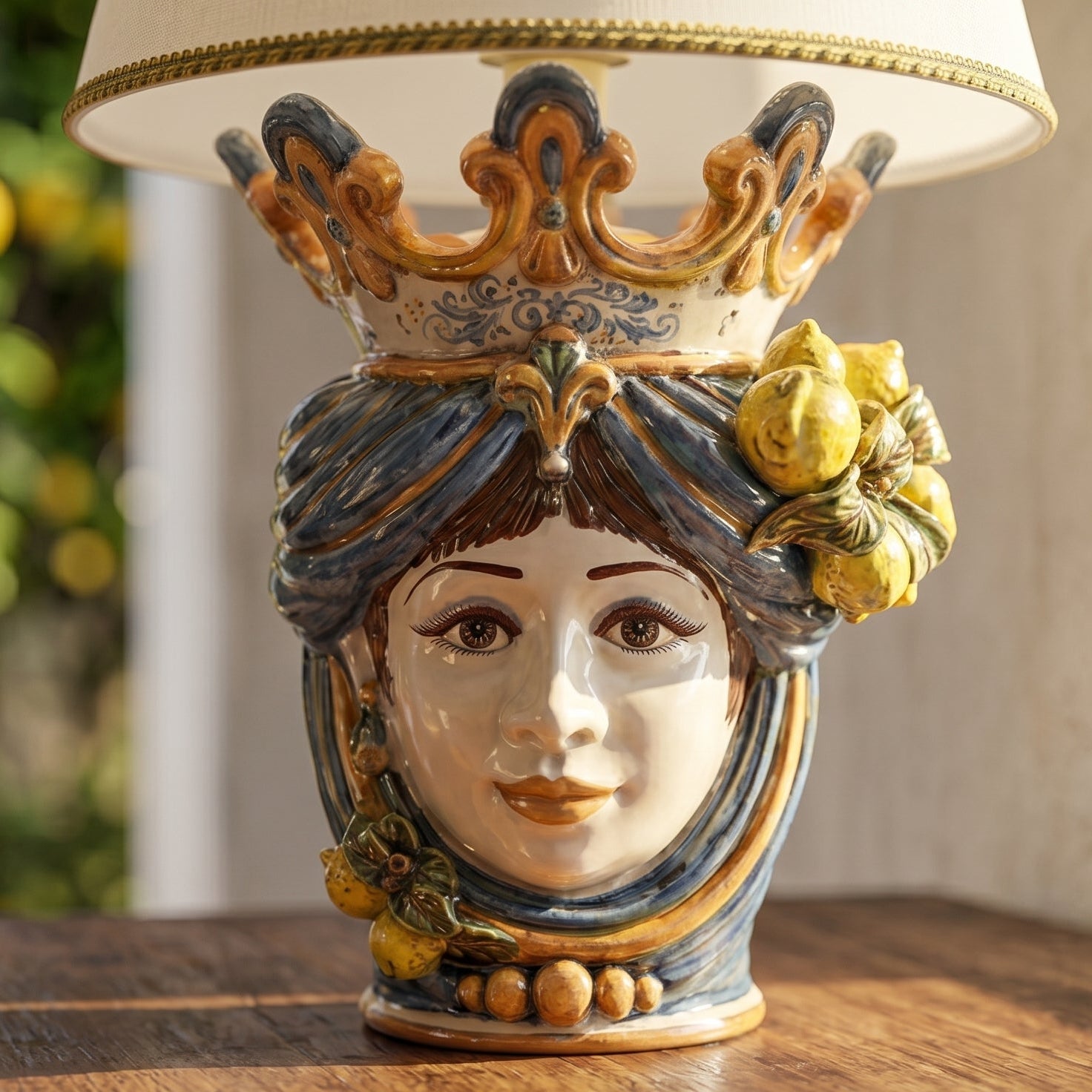 Italian Ceramic Lamp H 70 cm / 27.6", Woman, Blue and Orange – Sicilian ceramic lamp handcrafted in Caltagirone