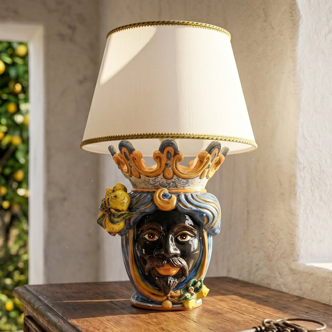 Italian Ceramic Lamp H 70 cm / 27.6", Moro Man, Blue and Orange – Italian ceramic from Caltagirone, Sicily