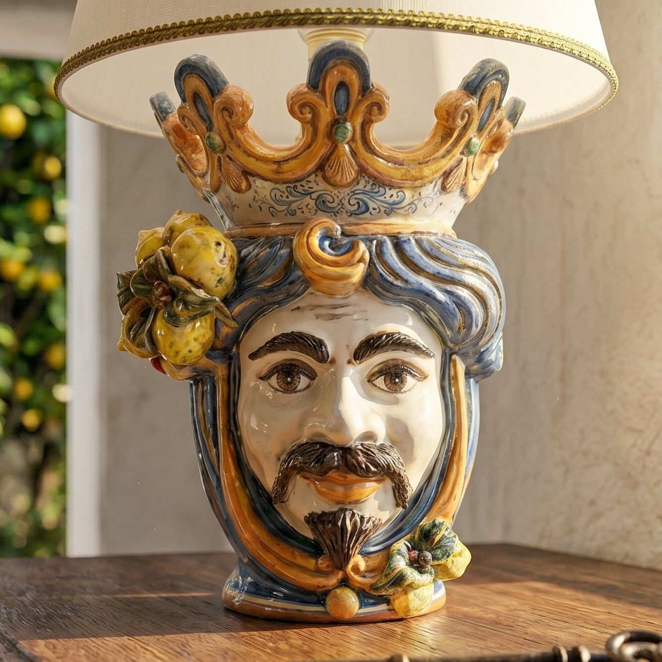 Italian Ceramic Lamp H 70 cm / 27.6", White Man, Blue and Orange – Italian ceramic from Caltagirone, Sicily