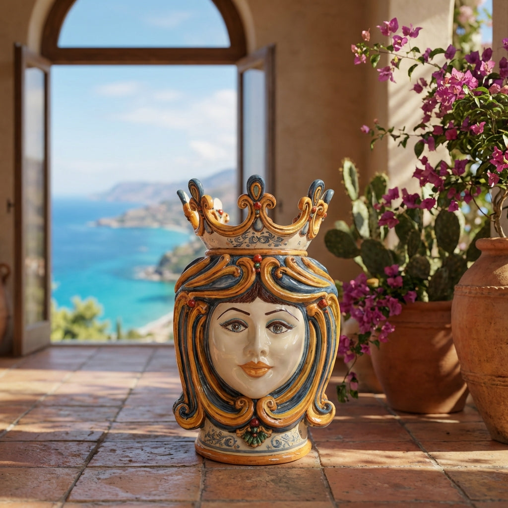 Sicilian Moor's Head H 60 cm / 23.6", Woman, Blue and Orange – Testa di Moro from Caltagirone, Sicily