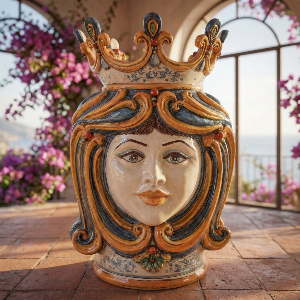 Sicilian Moor's Head H 60 cm / 23.6", Woman, Blue and Orange – Testa di Moro from Caltagirone, Sicily