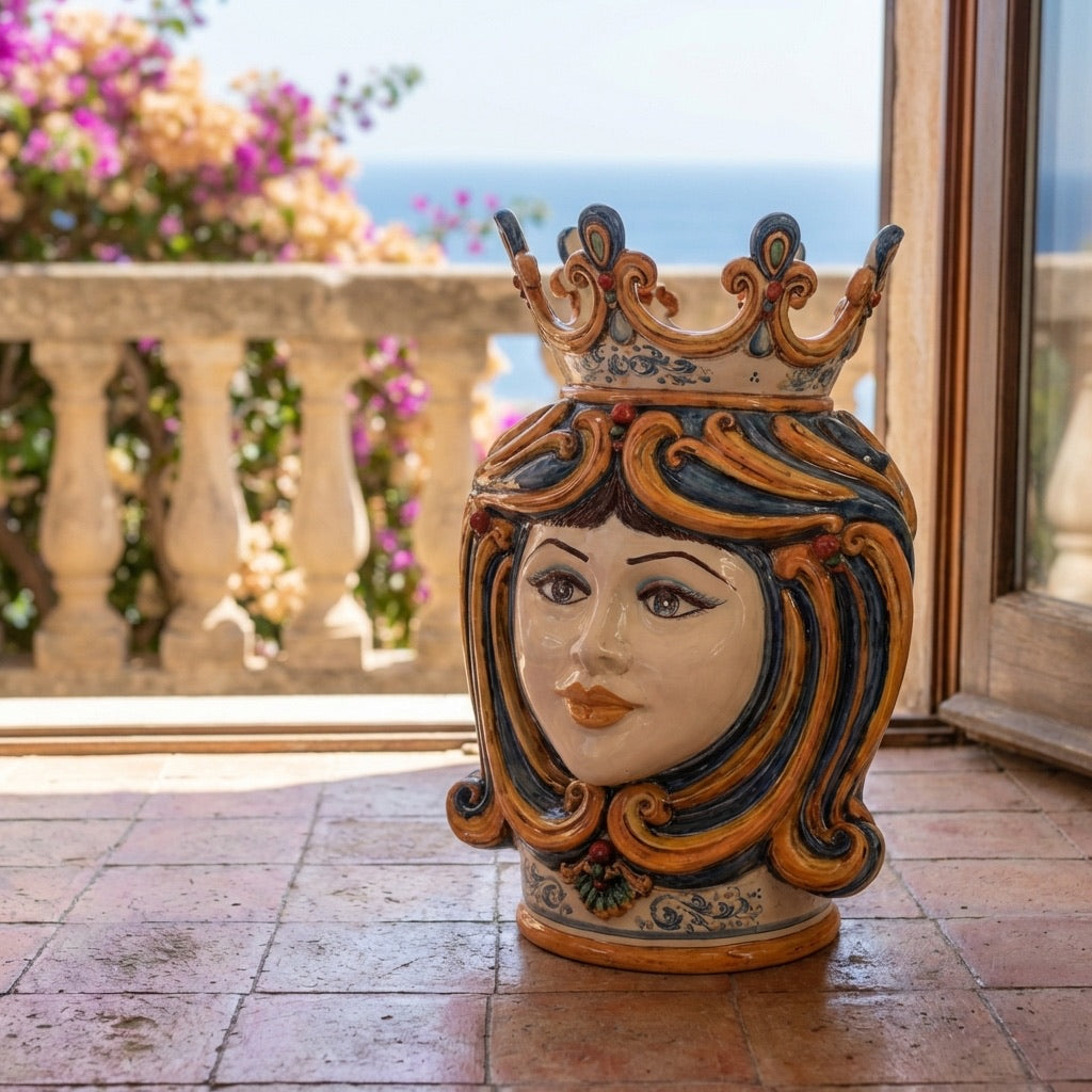 Sicilian Moor's Head H 60 cm / 23.6", Woman, Blue and Orange – Testa di Moro from Caltagirone, Sicily