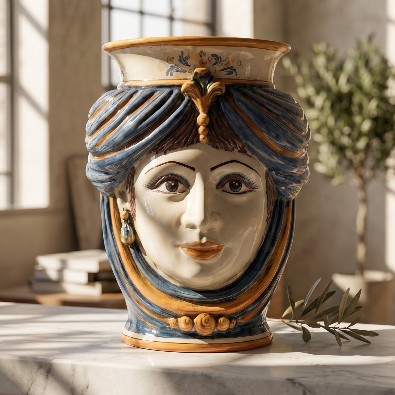 Sicilian Moor's Head H 33 cm / 13", Woman, Blue and Orange – Testa di Moro from Caltagirone, Sicily