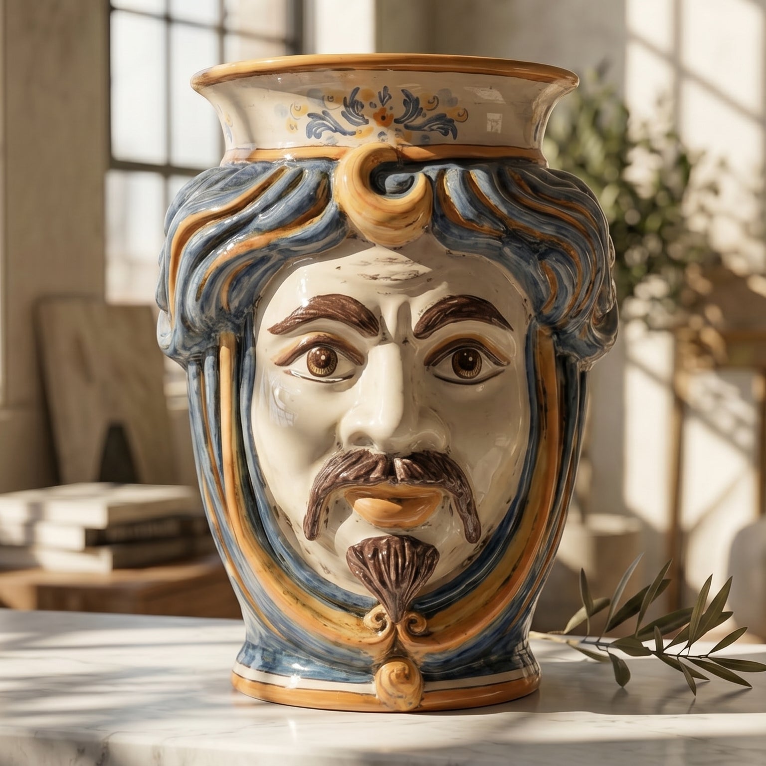 Sicilian Moor's Head H 33 cm / 13", White Man, Blue and Orange – Testa di Moro from Caltagirone, Sicily