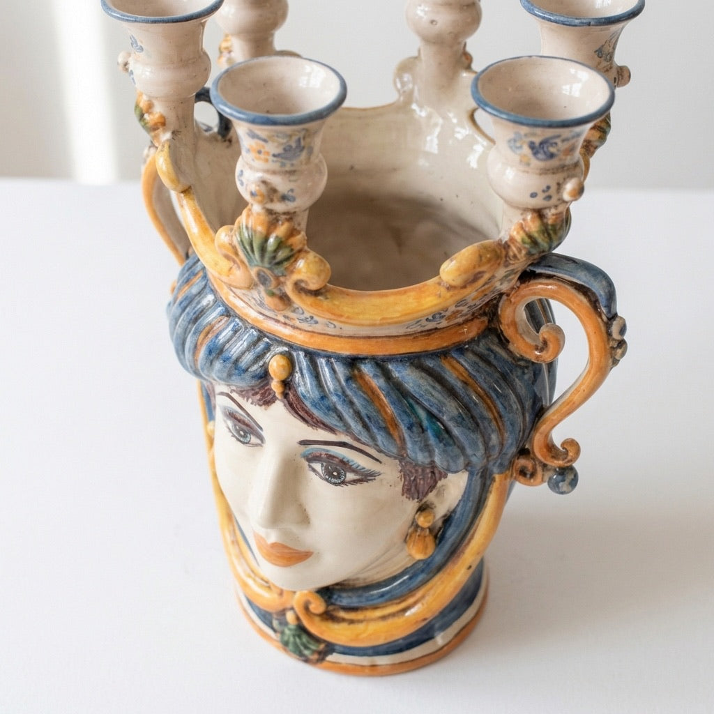 Ceramic Head with candle holder h 25 blu/orange male