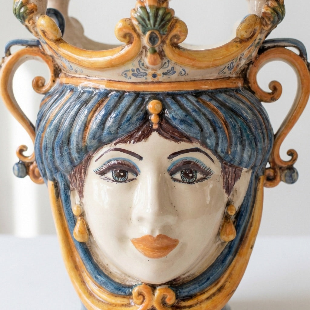 Testa di Moro Vase Candle Holder H 25 cm / 9.8", Woman, Blue and Orange – Testa di Moro from Caltagirone, Sicily