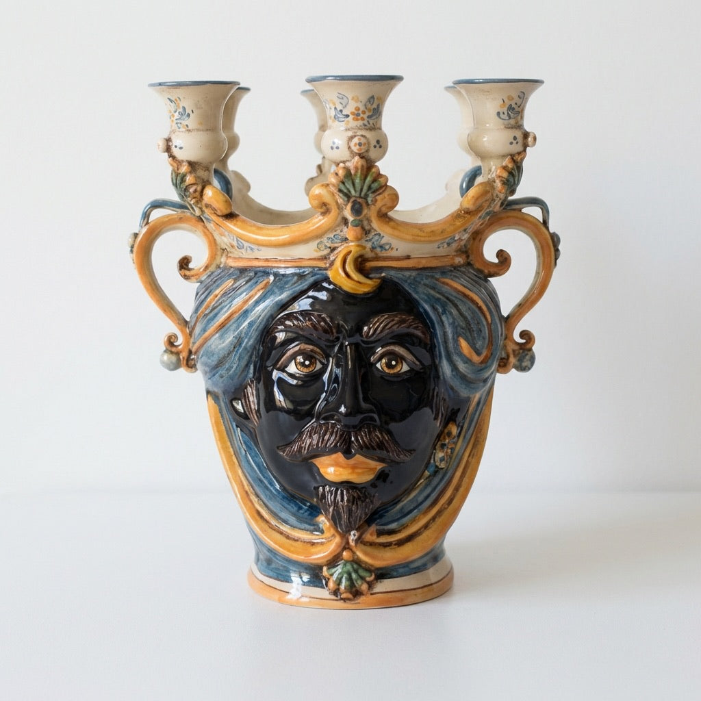 Ceramic Head with candle holder h 25 blu/orange male