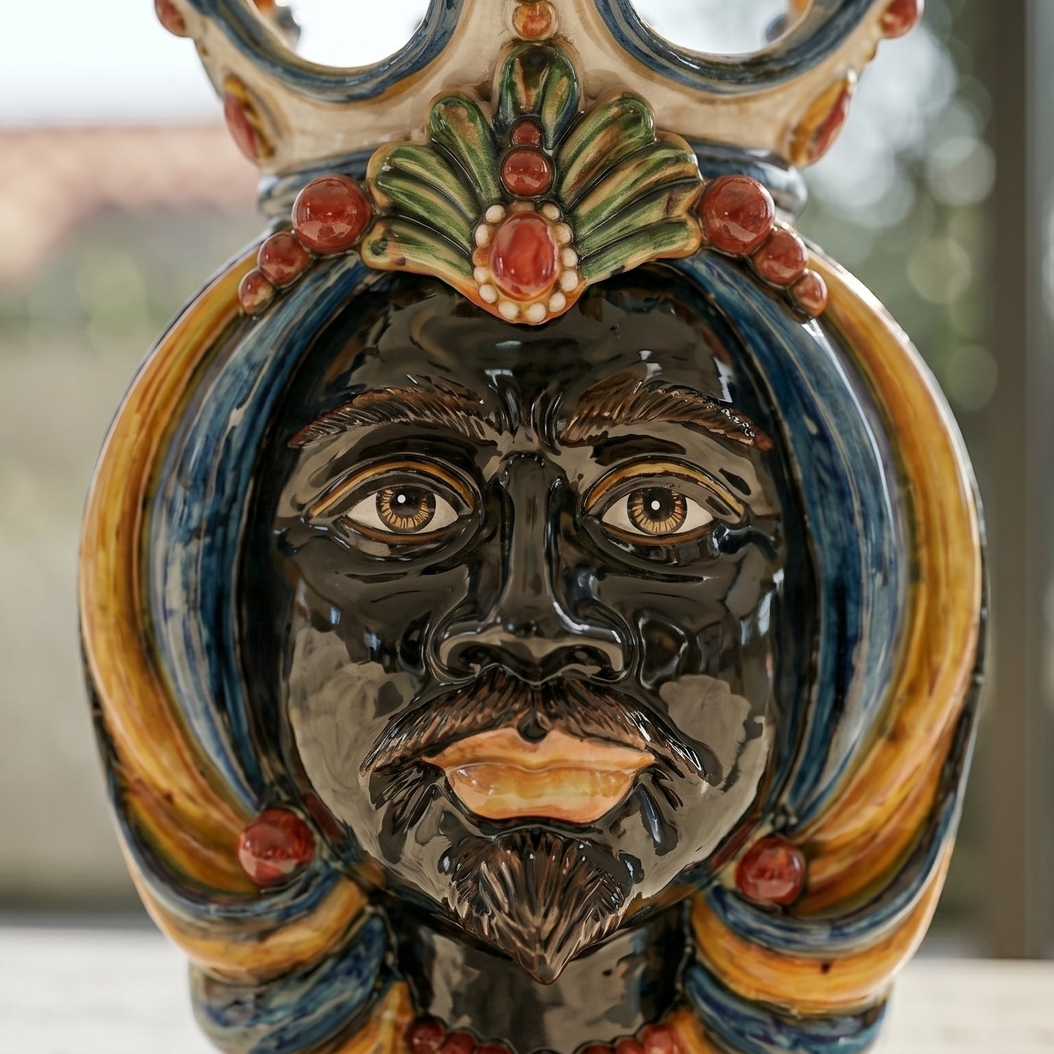 Italian Ceramic Lamp H 65 cm / 25.6", Moro Man, Blue and Orange – Sicilian ceramic lamp handcrafted in Caltagirone