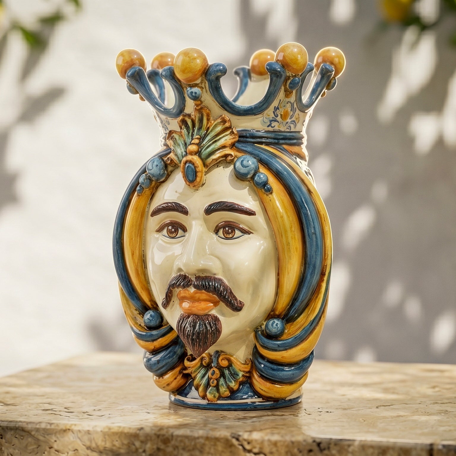 Sicilian Head Vase H 38 cm / 15", White Man, Blue and Orange – Testa di Moro from Caltagirone, Sicily