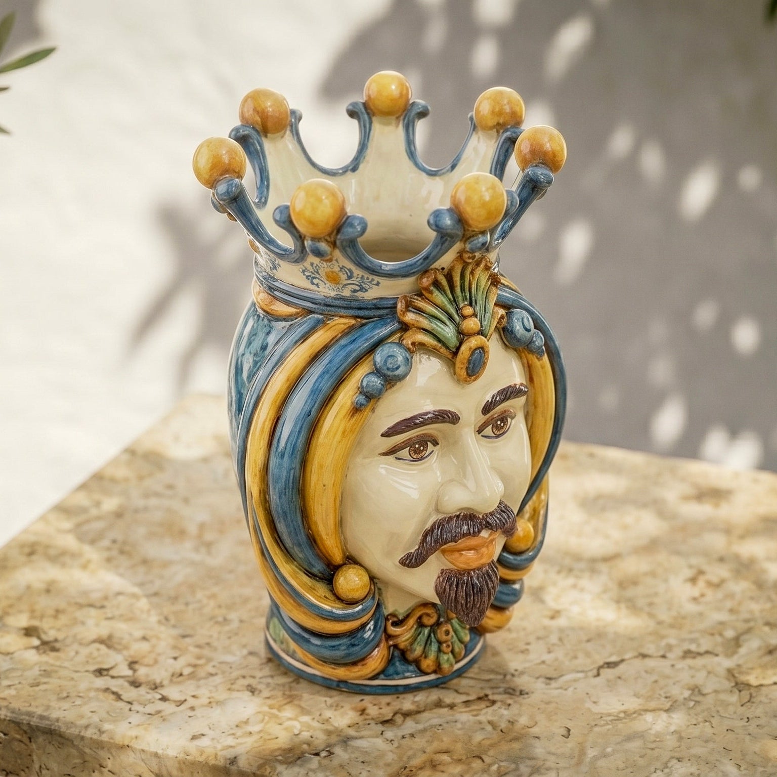 Sicilian Head Vase H 38 cm / 15", White Man, Blue and Orange – Testa di Moro from Caltagirone, Sicily