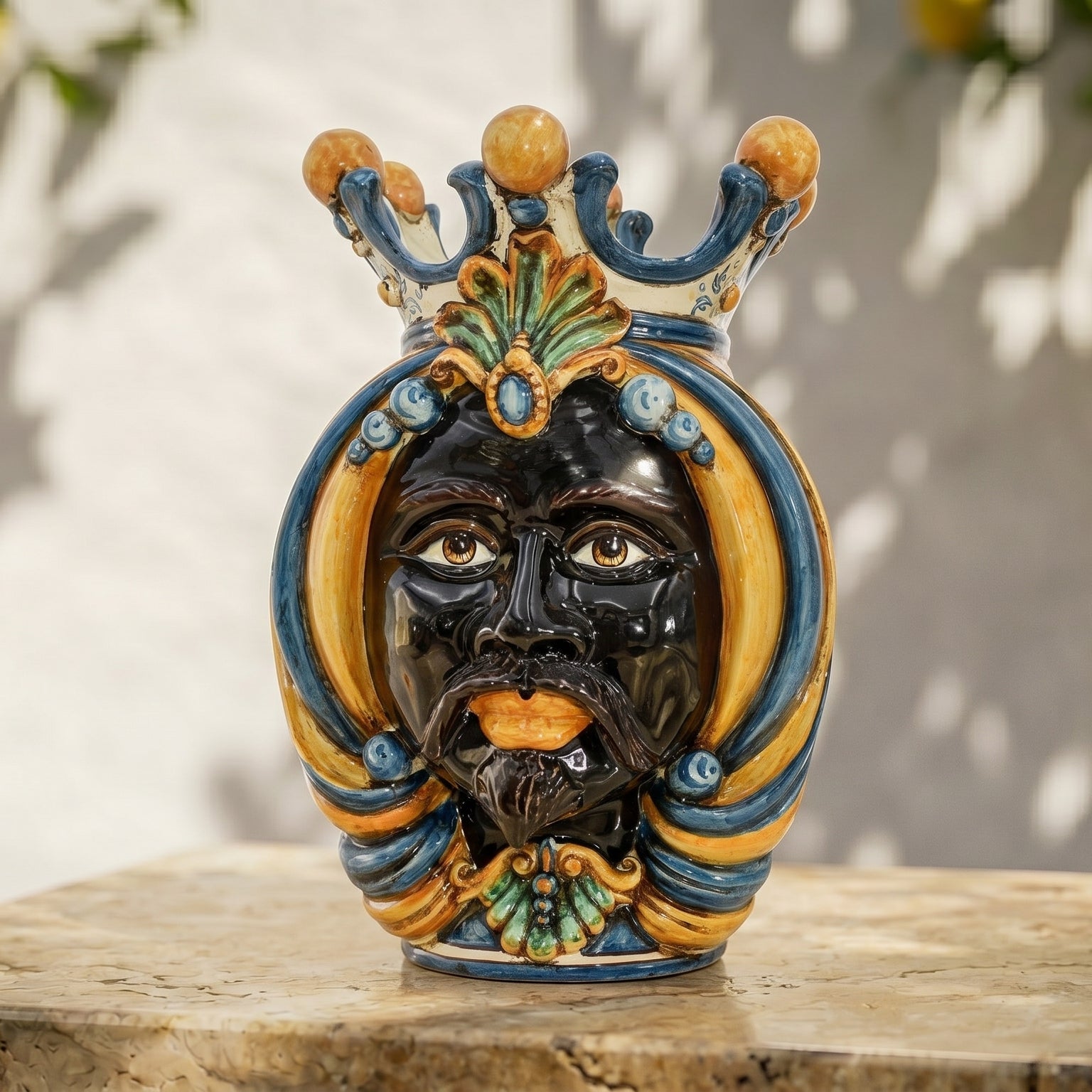 Sicilian Moor's Head H 38 cm / 15", Moro Man, Blue and Orange – Testa di Moro from Caltagirone, Sicily
