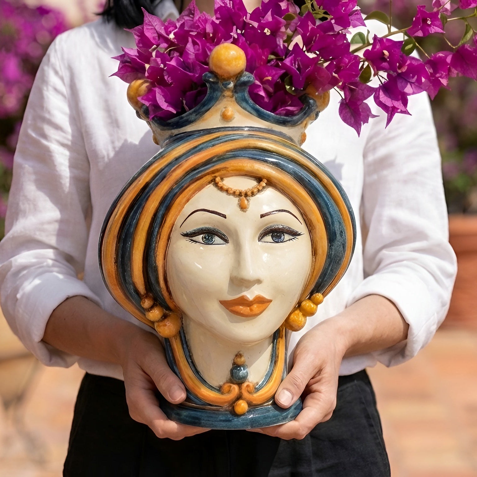 Caltagirone Ceramic Moor's Head - Blue and Orange Line, H 30 cm