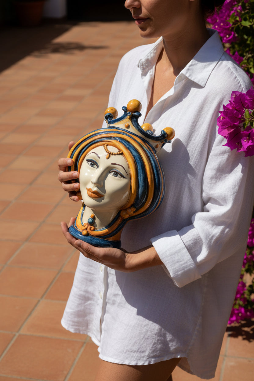 Moor's Head Vase H 30 cm / 11.8", Blue and Orange – Testa di Moro from Caltagirone, Sicily