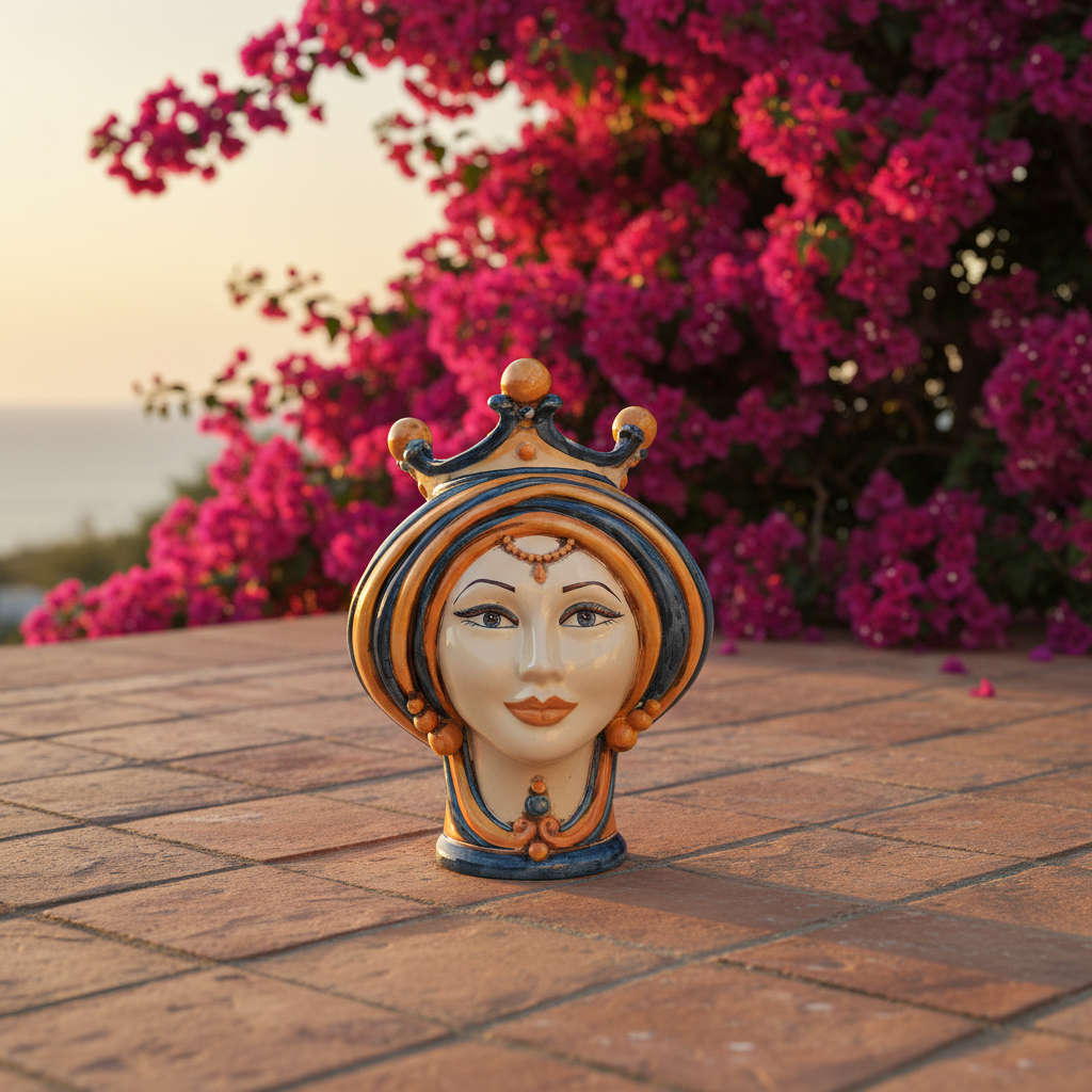 Moor's Head Vase H 30 cm / 11.8", Blue and Orange – Testa di Moro from Caltagirone, Sicily
