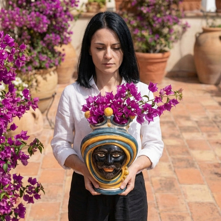 Testa di Moro in Ceramica di Caltagirone - Linea Blu e Arancio, H30 cm, Maschio Moro