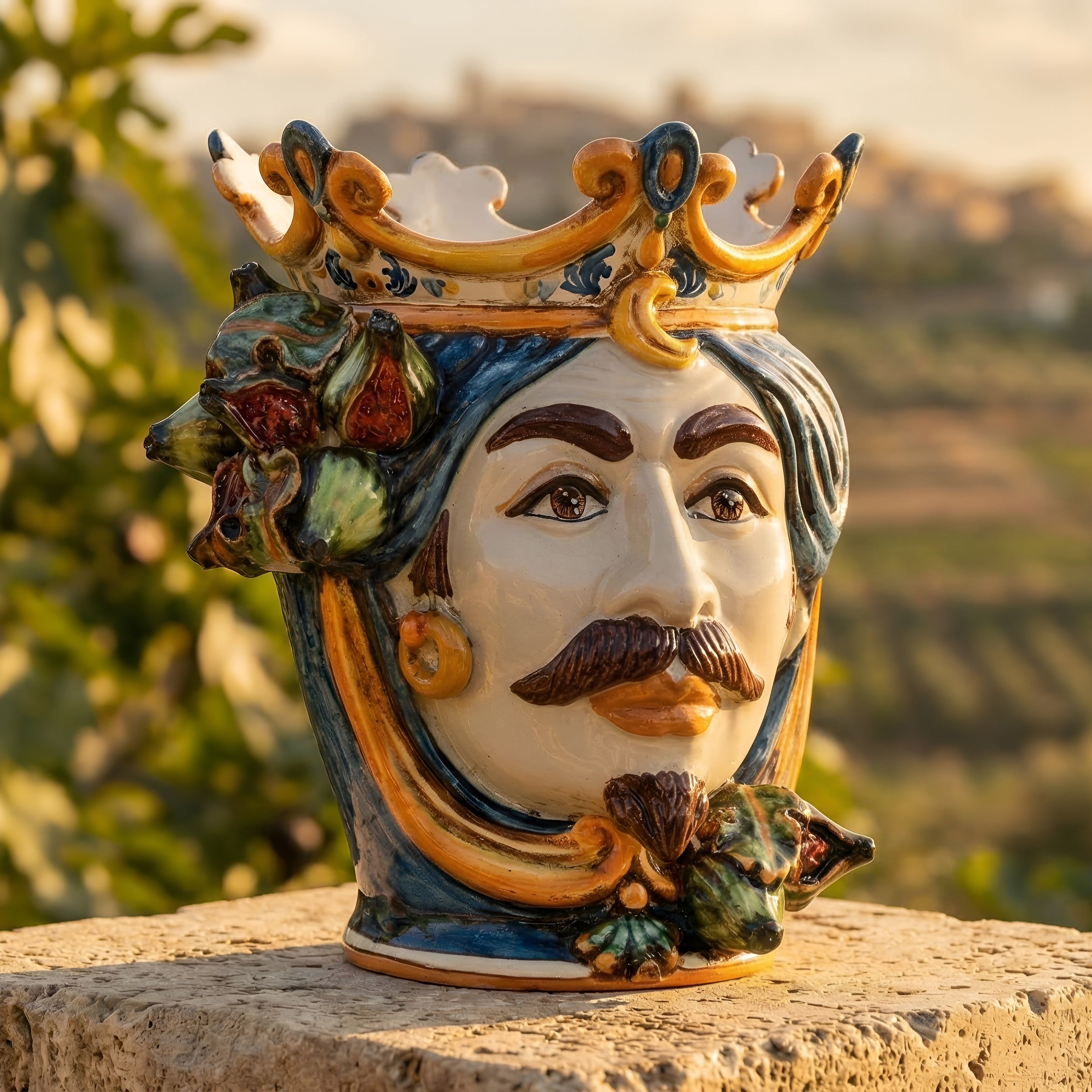 Sicilian Head Vase with Figs H 25 cm / 9.8", White Man, Blue and Orange – Testa di Moro from Caltagirone, Sicily