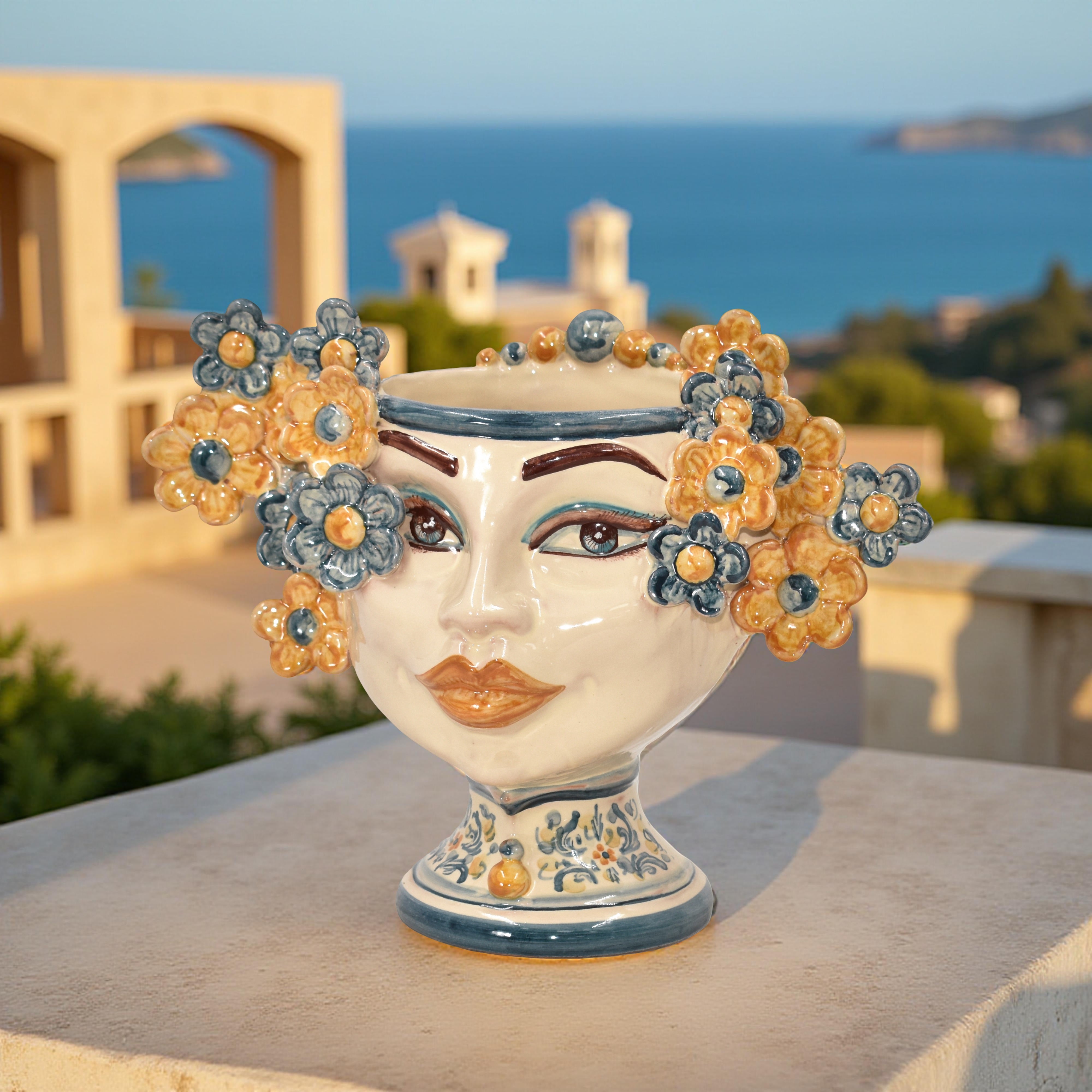 Testa di Moro femminile h 20 cm con fiori, labbra rosse, decoro Sicily in ceramica di Caltagirone